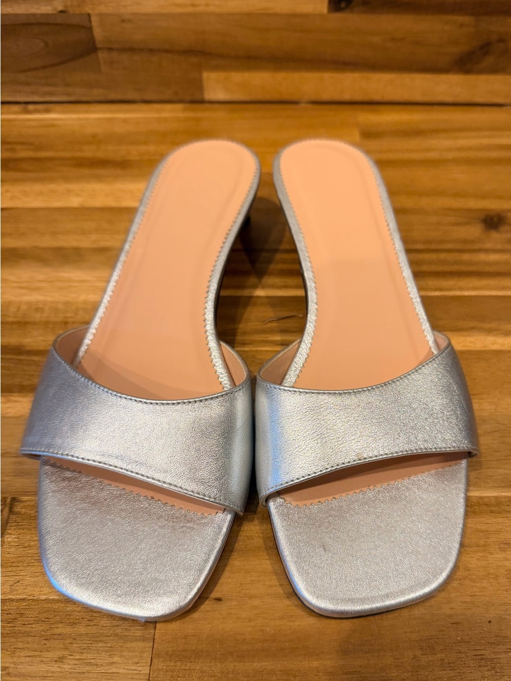 J. Crew Silver Square-Toe Slide Kitten Heel Sandals